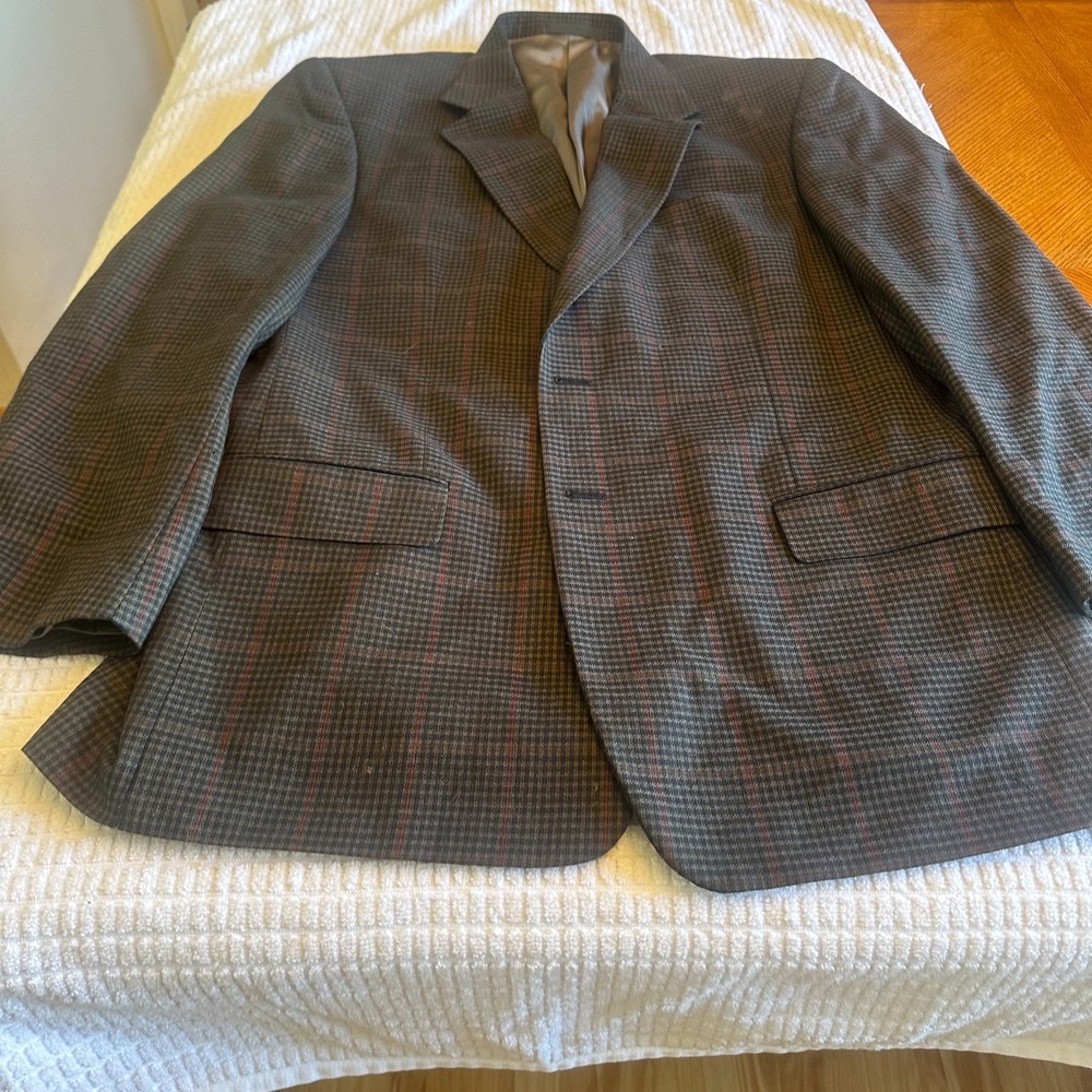 Tallia Uomo Super 100s Wool Plaid Blazer Suit Mens 38L Brown Gray Jacket Formal